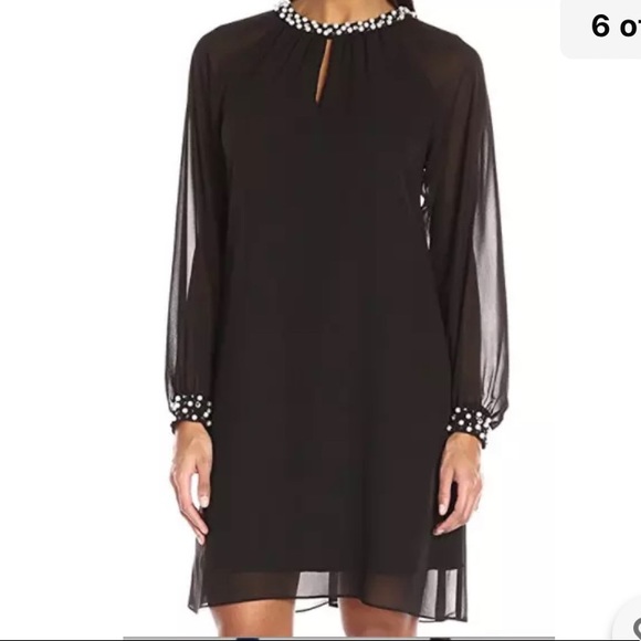 SLNY Navy Blue Long Sleeves Pearls Holiday Dress Size 8 - Picture 4 of 15